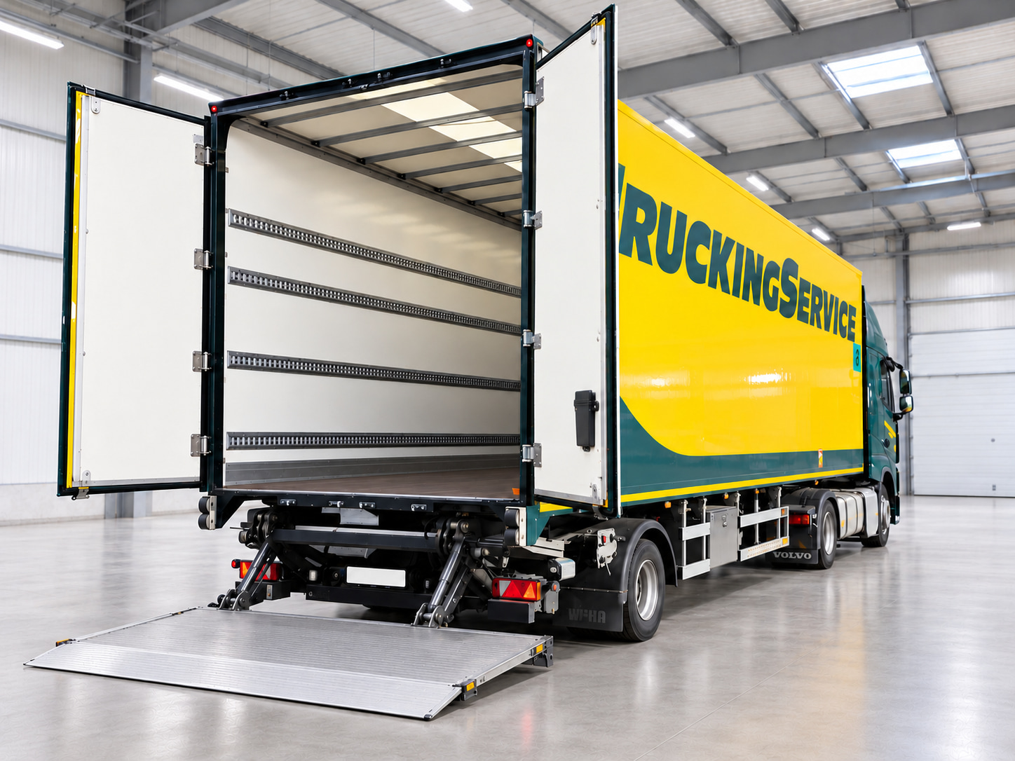 Trucking Service City Trailer mit geöffneten Hecktüren, vier Zurrleisten und abgesenkter Ladebordwand